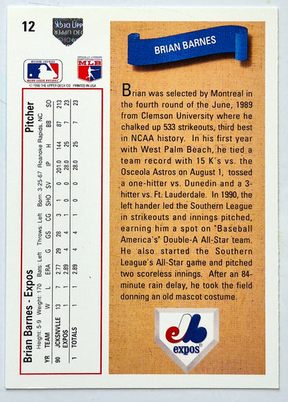Barnes Brian Montreal Expos Pitcher #12 Upper Deck 1991 Baseball Card