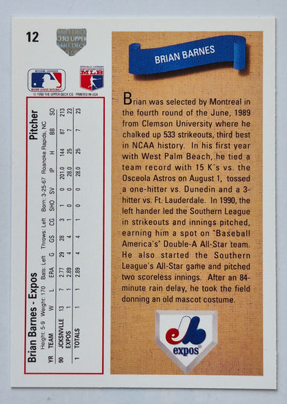 Barnes Brian Montreal Expos Pitcher #12 Upper Deck 1991 Baseball Card