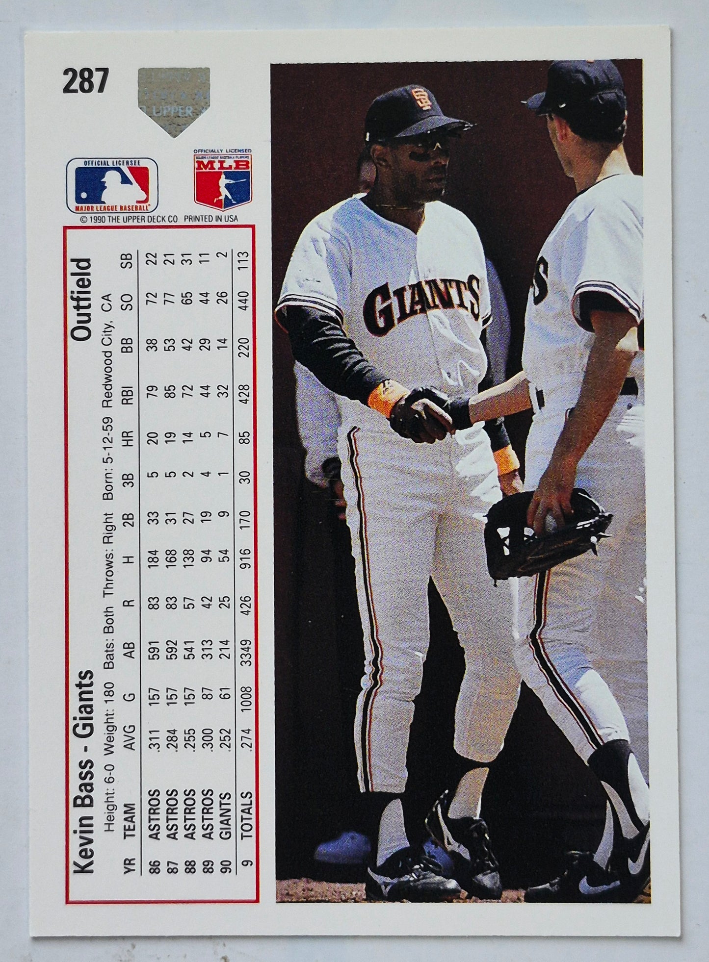 Bass Kevin San Francisco Giants Outfield #287 Upper Deck 1991 Baseball Card