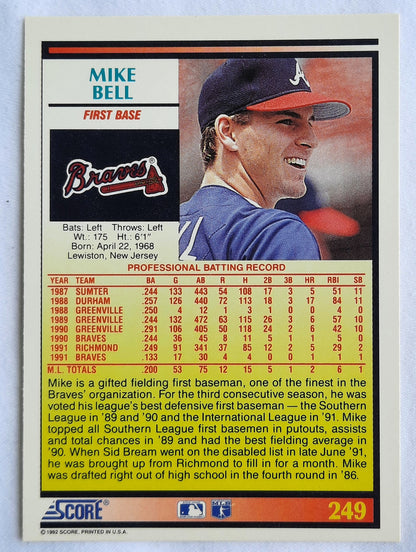 Score '92 Mike Bell Atlanta Braves First Base #249 Baseball Card Near Mint