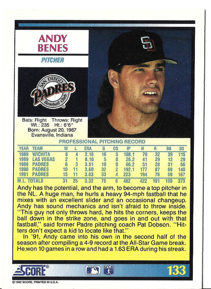 Benes Andy San Diego Padres Pitcher 1992 Score #133 Baseball Card