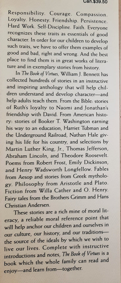 The Book of Virtues: A Treasury of Great Moral Stories von William J. Bennett (Gut, 1993, gebunden, 831 Seiten, Simon & Schuster)