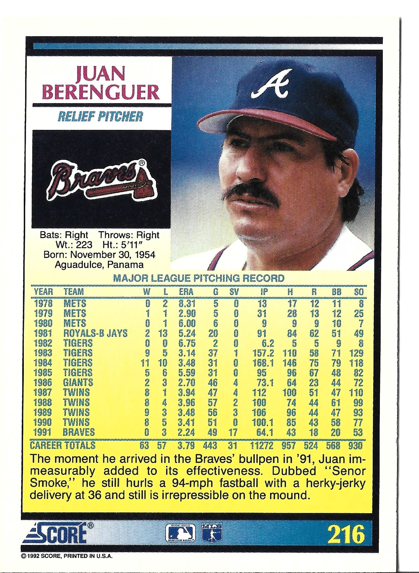 Scott Bailes California Angels Relief Pitcher 1992 Score #331 Baseballkarte (Exzellent)