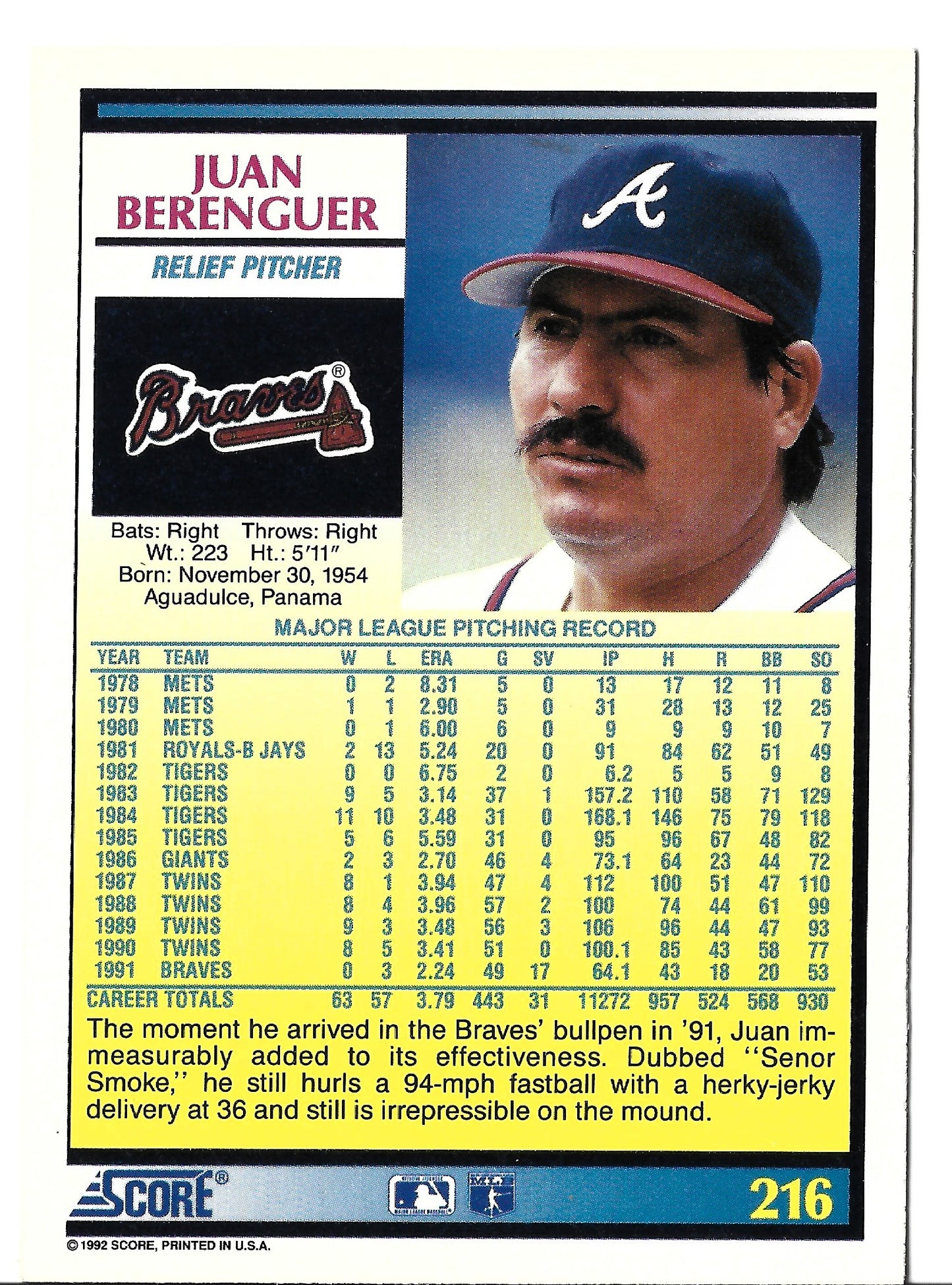 Scott Bailes California Angels Relief Pitcher 1992 Score #331 Baseballkarte (Exzellent)
