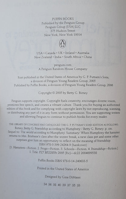 Friendship According to Humphrey #2 by Betty G. Birney (Very good, 2006, Pbk, 150 pages, Puffin Books)