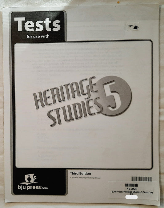 Heritage Studies 5 Student Tests Third Edition by BJU Press (Like New, 2010, Pbk, Tests 1-12)