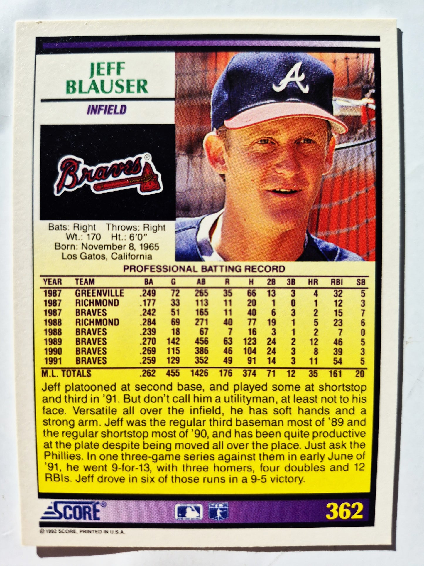 Score '92 Jeff Blauser Atlanta Braves Infield Baseballkarte #362 Fast Neuwertig