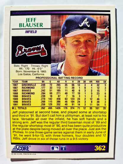 Score '92 Jeff Blauser Atlanta Braves Infield Baseballkarte #362 Fast Neuwertig