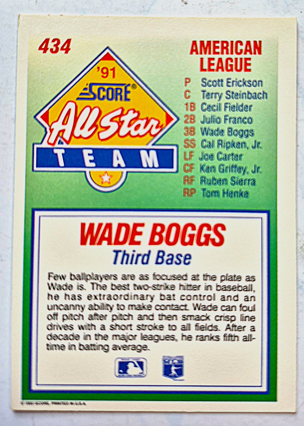 Carta de Béisbol All Star Wade Boggs Tercera Base #434 Score '92