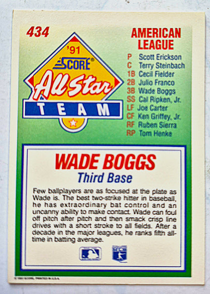 Carta de Béisbol All Star Wade Boggs Tercera Base #434 Score '92