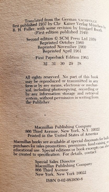 The Cost of Discipleship Revised Edition by Dietrich Bonhoeffer (Good, 1963, PBk, 352 pages, Collier Books, first paperback edition)