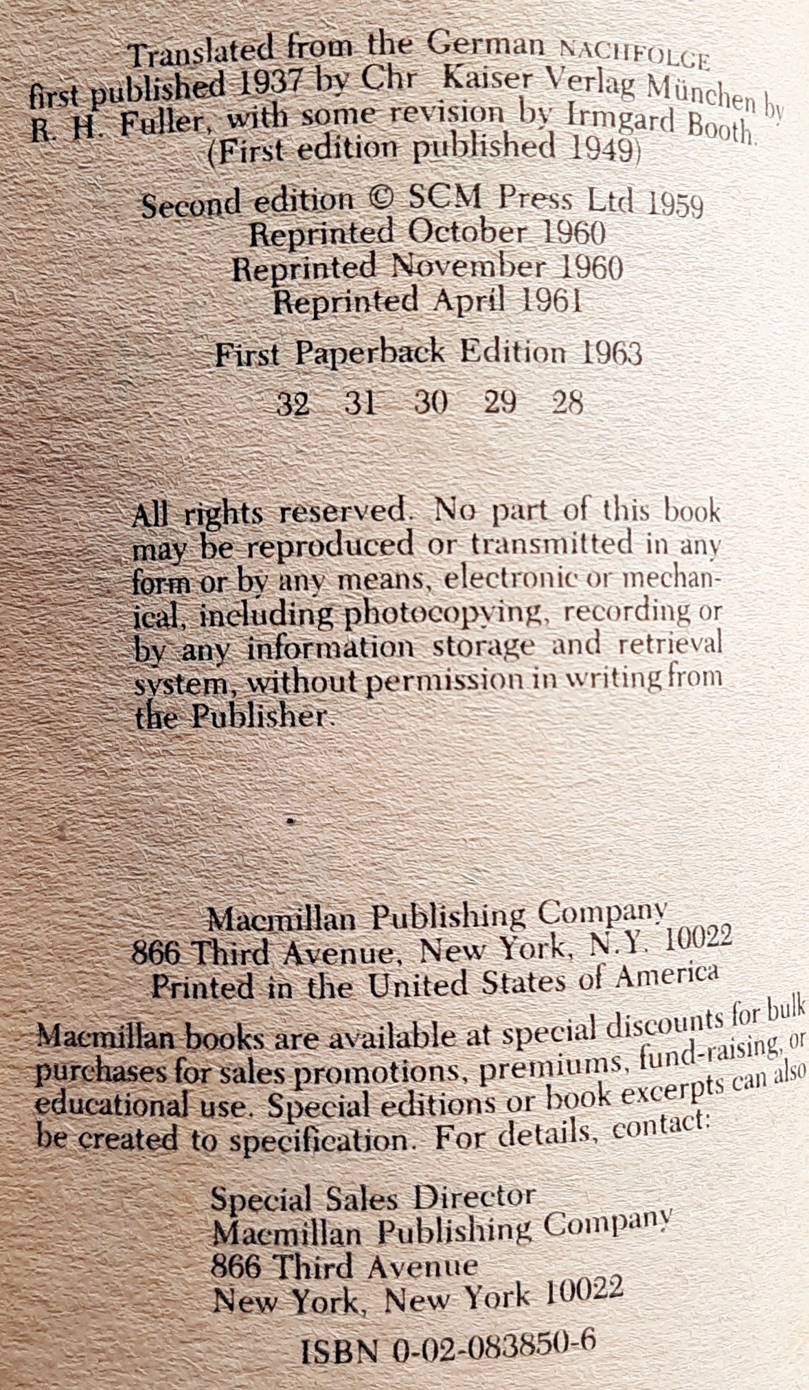 Nachfolge überarbeitet von Dietrich Bonhoeffer (Gut, 1963, TB, 352 Seiten, Collier Books, erste Taschenbuchausgabe)