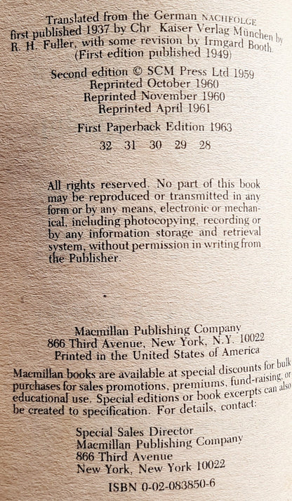 Nachfolge überarbeitet von Dietrich Bonhoeffer (Gut, 1963, TB, 352 Seiten, Collier Books, erste Taschenbuchausgabe)