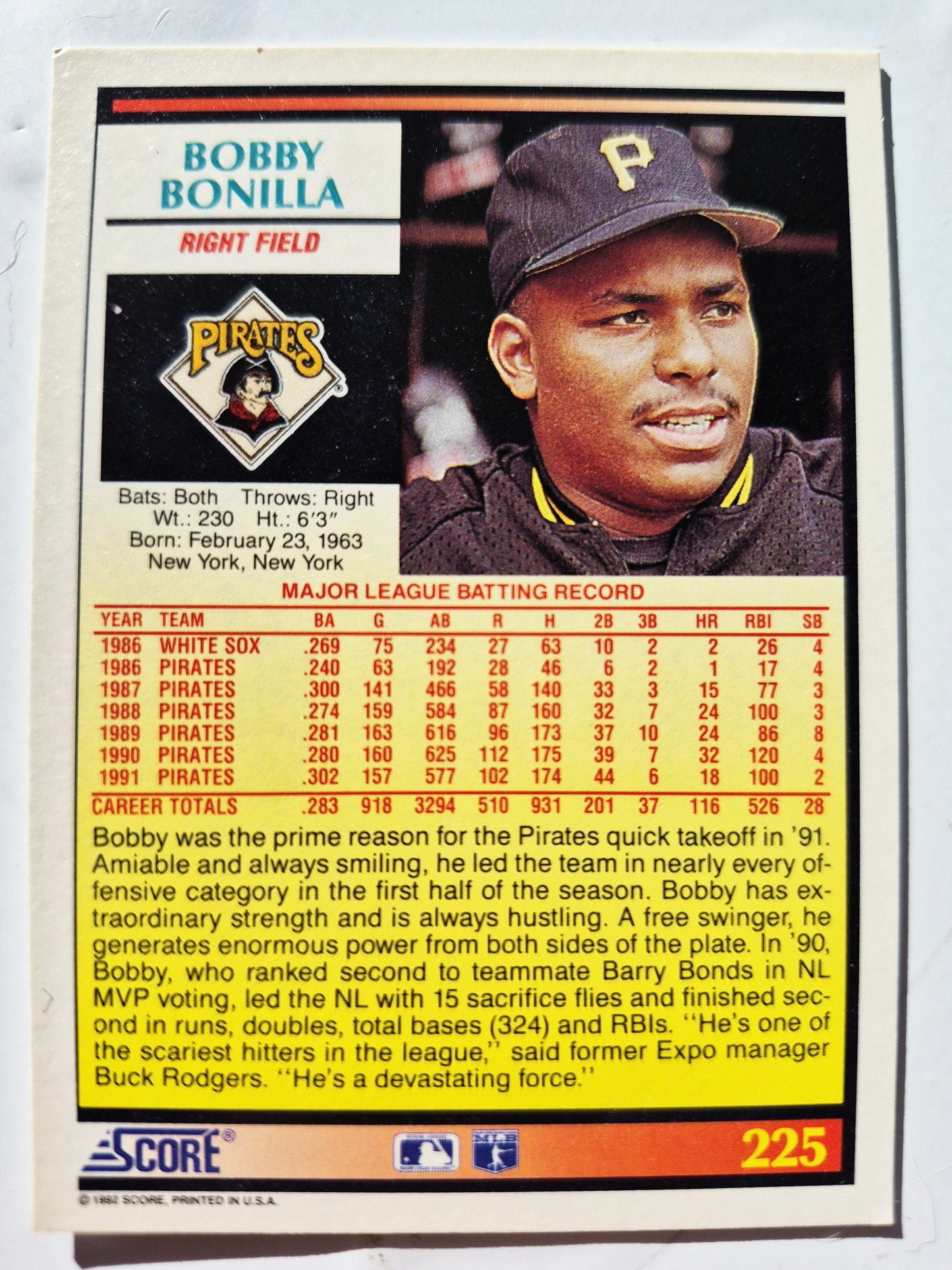 Bewertung: '92 Bobby Bonilla Pittsburgh Pirates Right Field Baseballkarte #225 Nahezu Neuwertig