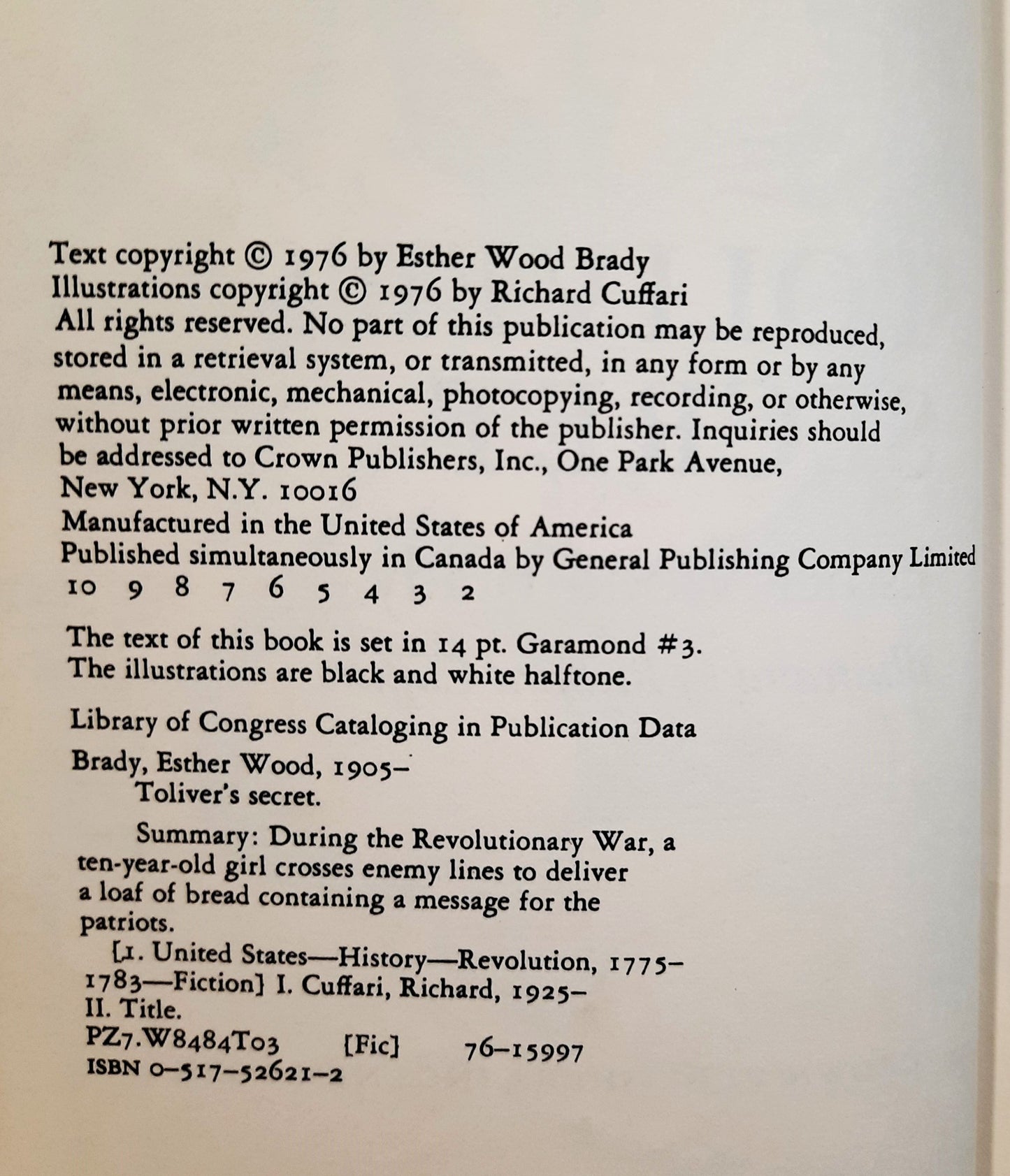 Tolivers Geheimnis von Esther Wood Brady (Gut, 1976, Gebunden, 166 Seiten, Crown Publishers)