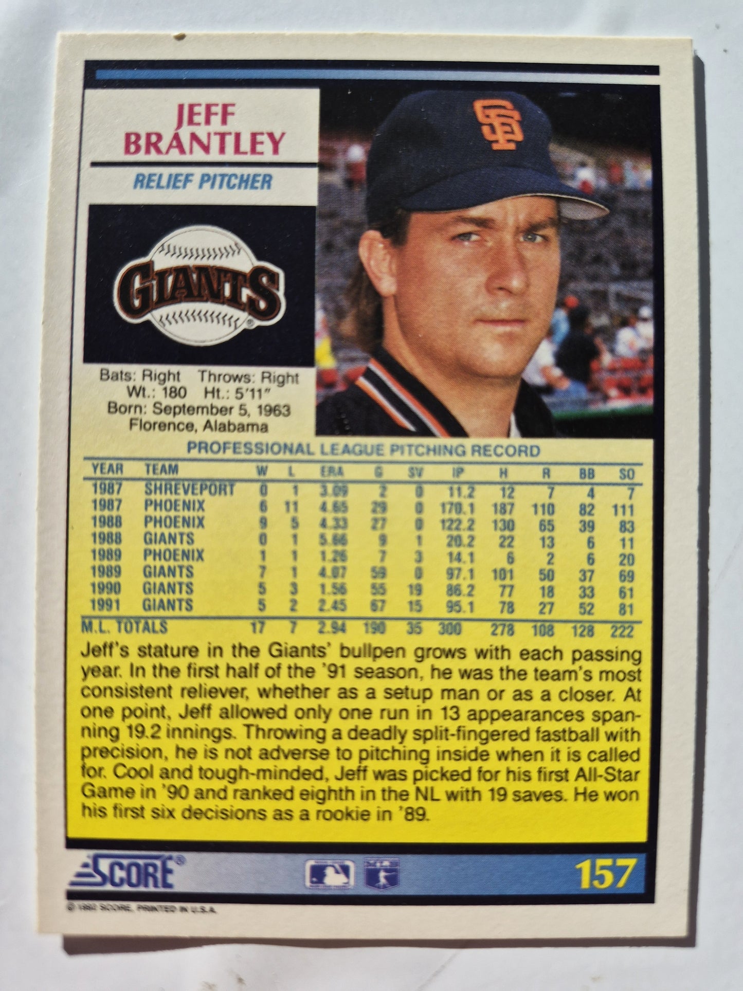 Score '92 Jeff Brantley San Francisco Giants Relief Pitcher Baseballkarte #157 Near Mint