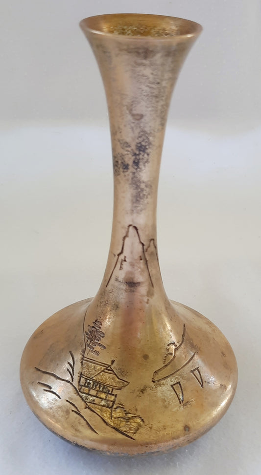 Vintage Solid Brass Painted Japanese Etched Bud Vase 5" high - Collectible in GOOD Condition