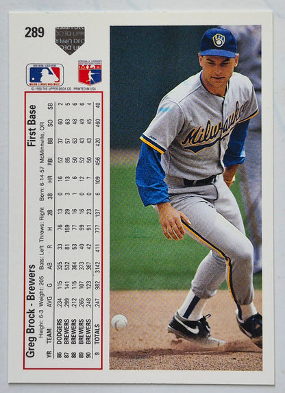 Brock Greg Milwaukee Brewers 1st Base #289 Upper Deck 1991 Baseball Card