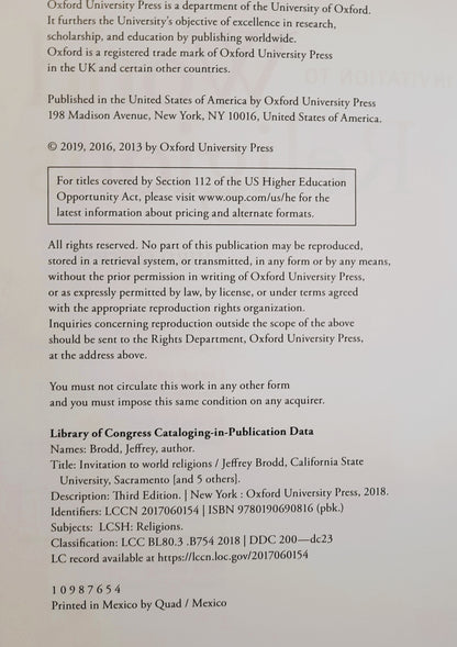 Invitation to World Religions Third Edition by Jeffrey Brodd; Layne Little; Bradley Nystrom (Very good, 2019, Pbk, 656 pages, Oxford University Press)