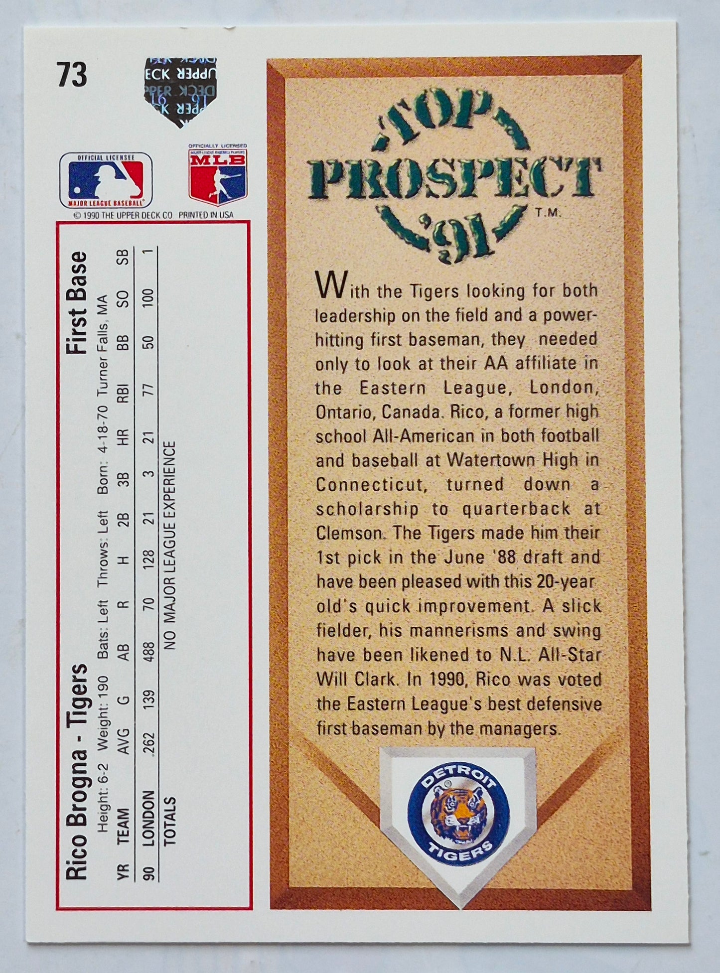 Brogna Rico Detroit Tigers 1st Base Top Prospect #73 Upper Deck 1991 Baseball Card