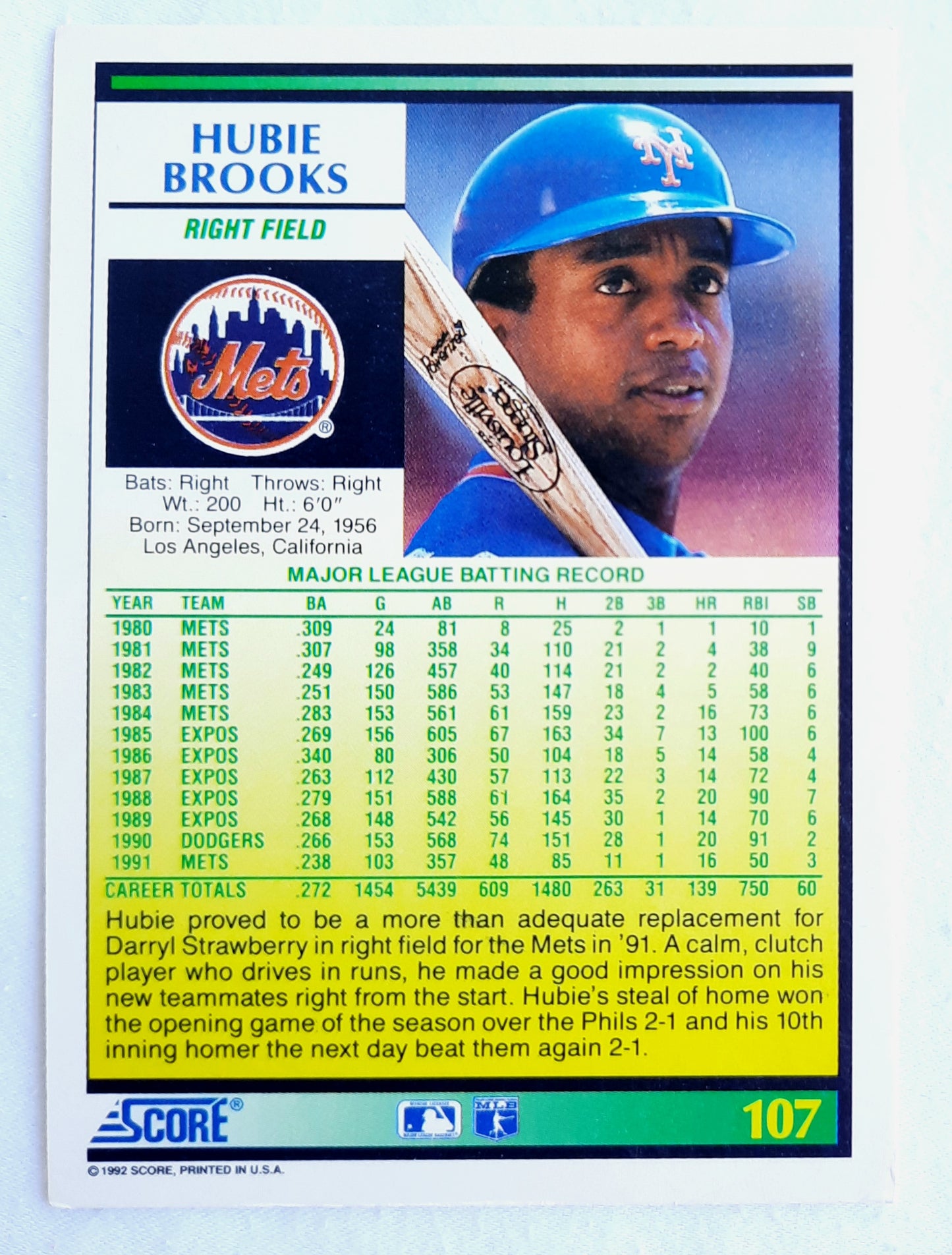 Score '92 Hubie Brooks New York Mets Right Field #107 Baseball Card Near Mint