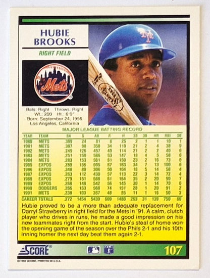 Brooks Hubie New York Mets Right Field #107 1992 Score Baseball Card