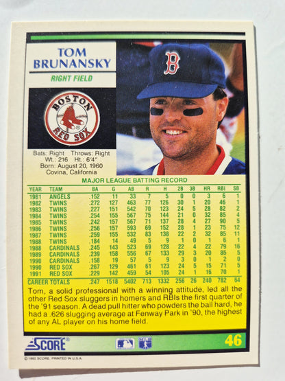 Bewerten Sie '92 Tom Brunansky Boston Red Sox Rechtes Feld Baseballkarte #46 Fast Neuwertig