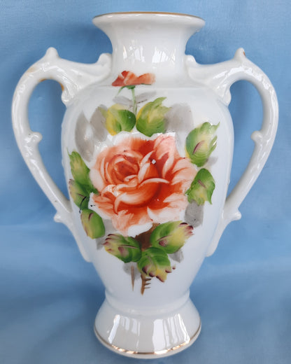 Vintage Bud Vase with Painted Red Rose and Gold Trim  - VERY GOOD Condition