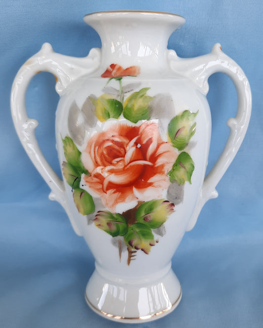 Vintage Bud Vase with Painted Red Rose and Gold Trim  - VERY GOOD Condition
