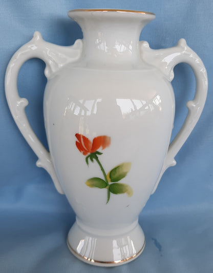 Vintage Bud Vase with Painted Red Rose and Gold Trim  - VERY GOOD Condition