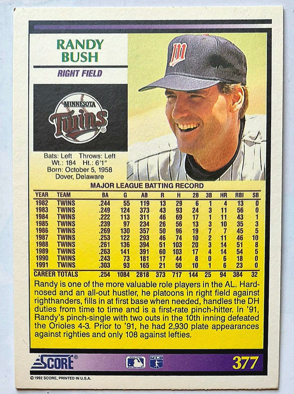Bush Randy Minnesota Twins Right Field #377 1992 Score Baseball Card