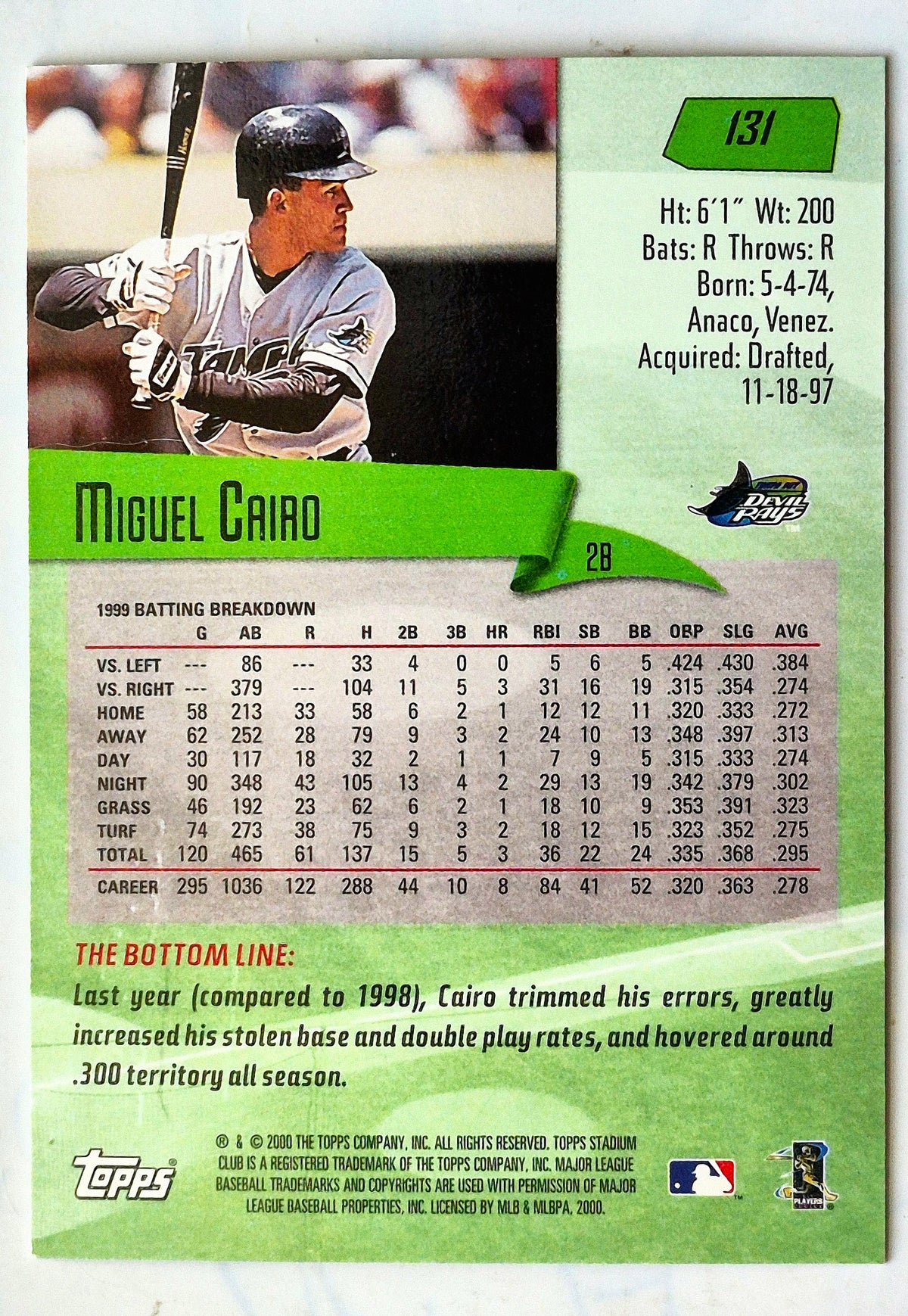 TOPPS 2000 Stadium Club Miguel Cairo Tampa Bay Devil Rays #131 Baseballkarte TOPPS