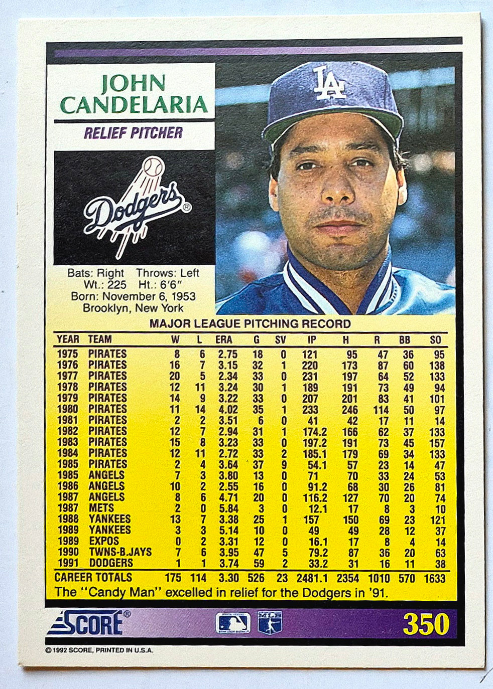 Candelaria John Los Angeles Dodgers Relief Pitcher #350 1992 Score Baseball Card