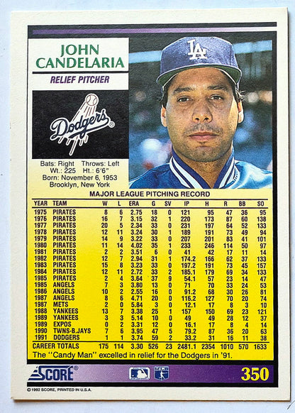 Candelaria John Los Angeles Dodgers Relief Pitcher #350 1992 Score Baseball Card