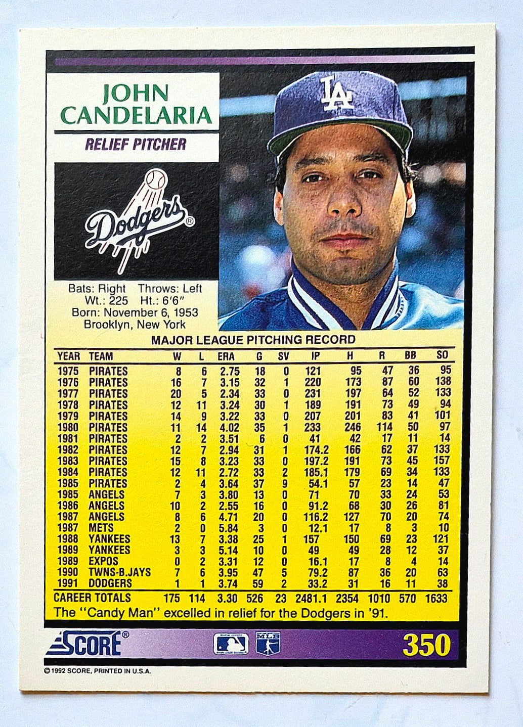 Candelaria John Los Angeles Dodgers Relief Pitcher #350 1992 Score Baseball Card