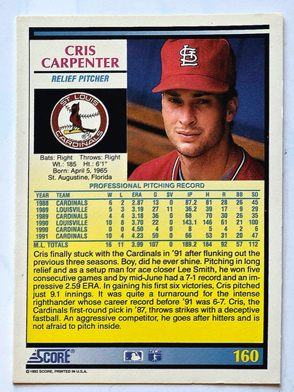 Carpenter Cris St. Louis Cardinals Relief Pitcher #160 1992 Score Baseball Card