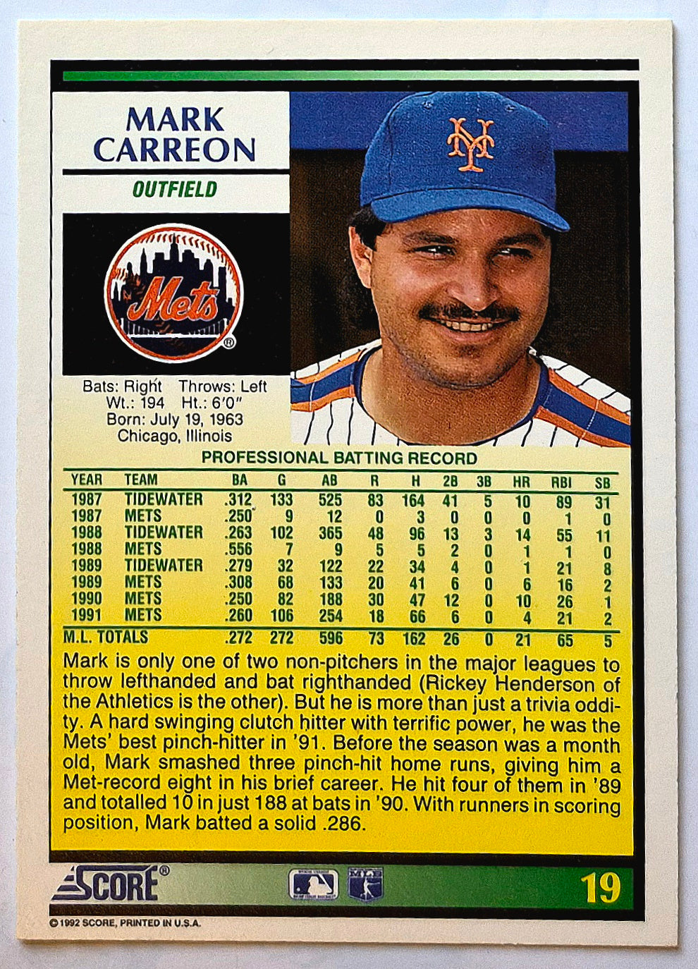 Carreon Mark New York Mets Outfield #19 1992 Score Baseball Card