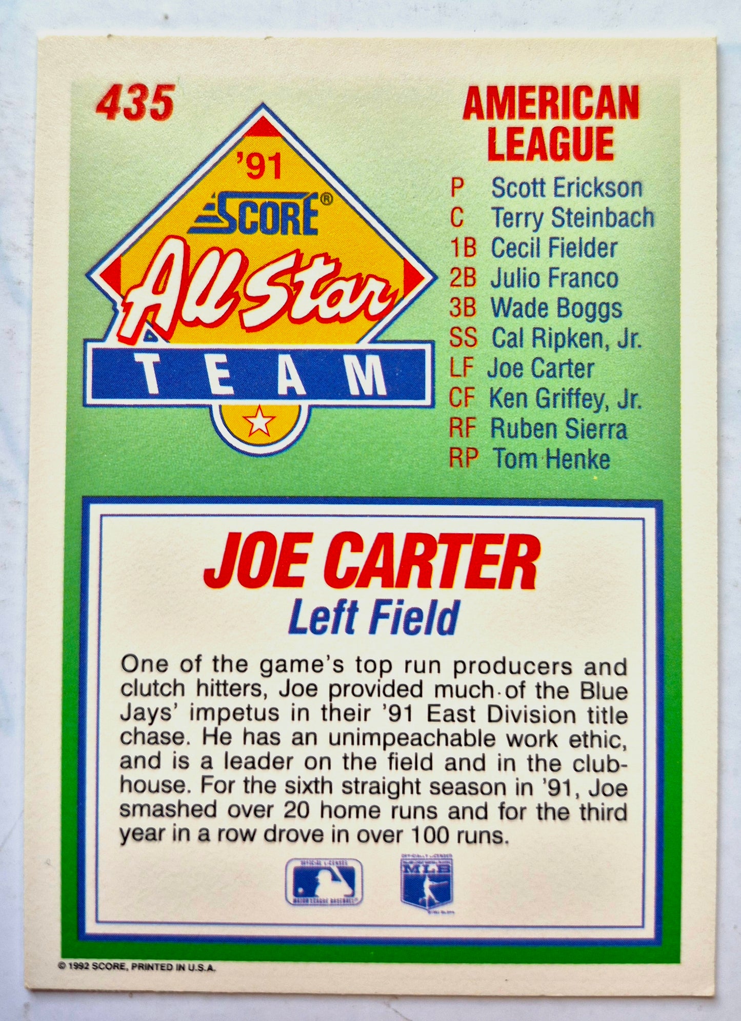 All Star Joe Carter Left Field #435 Score '92 Baseball Card