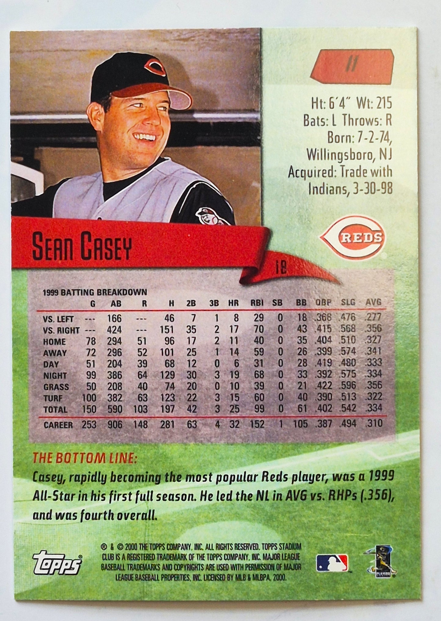 Casey Sean Cincinnati Reds 1st Base #11 Topps 2000 Stadium Club Baseball Card