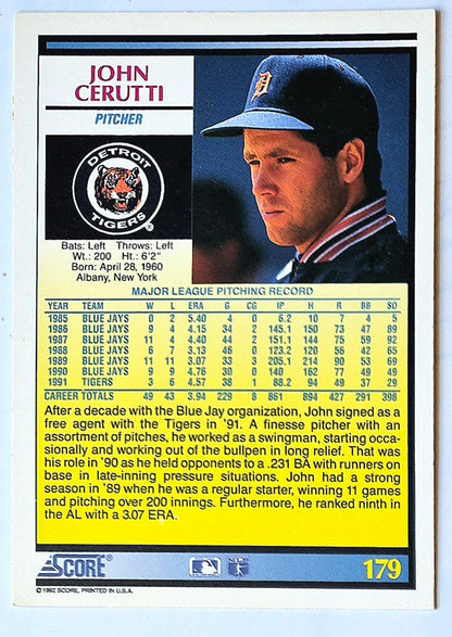Cerutti John Detroit Tigers Pitcher #179 1992 Score Baseball Card