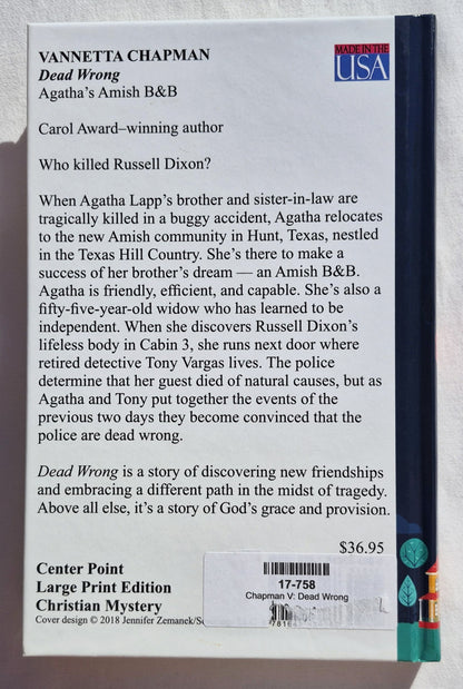 Dead Wrong von Vannetta Chapman (Agathas Amish B&B #1, Neu, 2020, HC, 294 Seiten, Center Point Large Print)