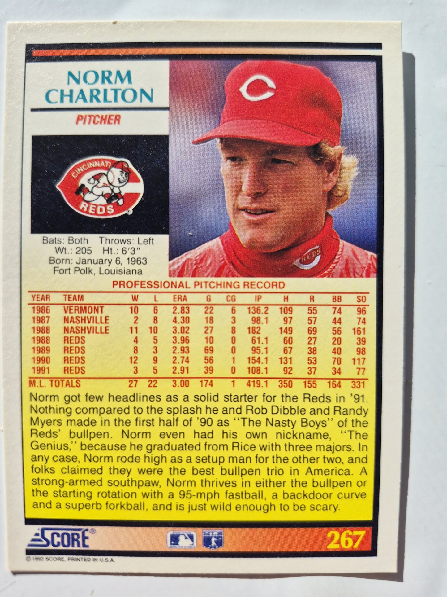 Wertung '92 Norm Charlton Cincinatti Reds Pitcher Baseball-Karte #267 Fast Neuwertig