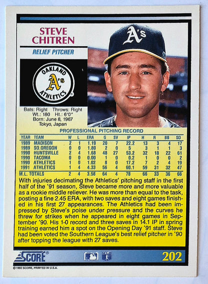 Chitren Steve Oakland Athletics Relief Pitcher #202 1992 Score Baseball Card