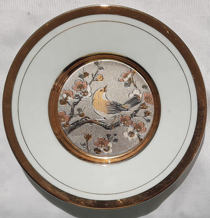 Art of Chokin 6" Decorative Plate with Singing Bird and Cherry Blossoms 24K Gold Trim (Very Good)