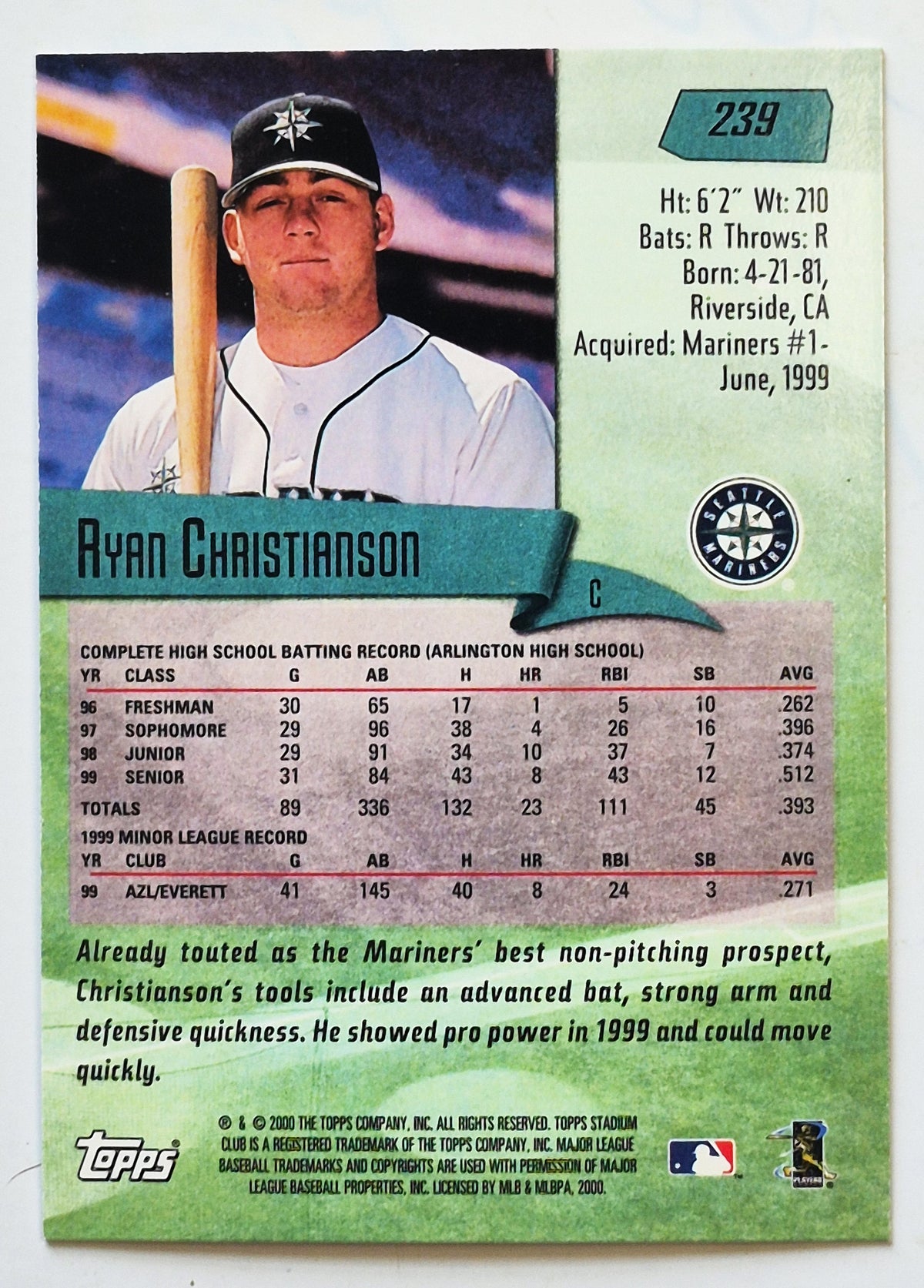 TOPPS 2000 Stadium Club Ryan Christianson Seattle Mariners #239 Baseballkarte