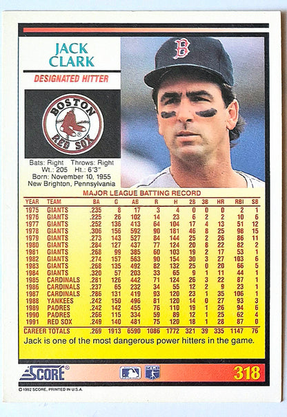 Clark Jack Boston Red Sox Designated Hitter #318 1992 Score Baseball Card