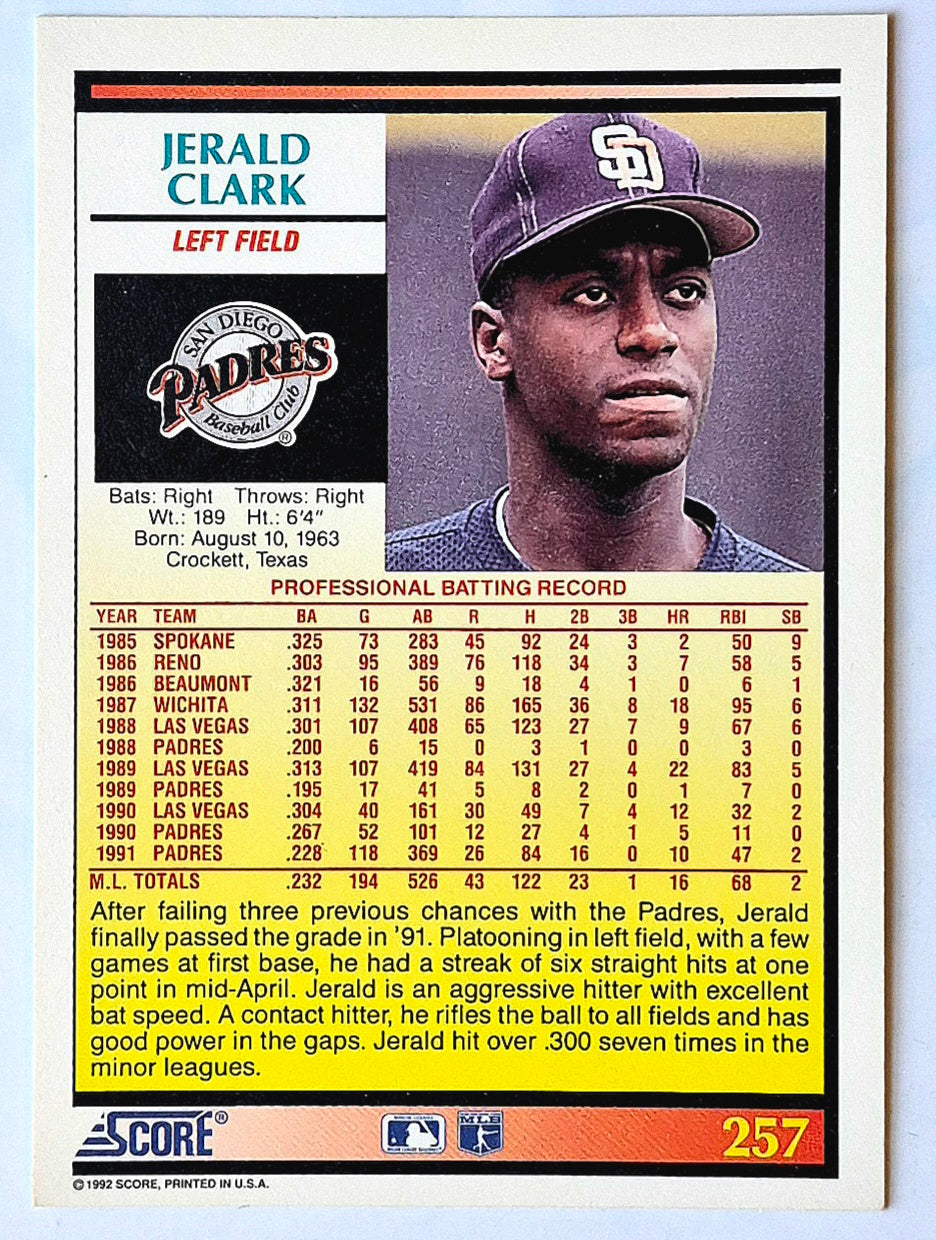 Clark Jerald San Diego Padres Left Field #257 1992 Score Baseball Card