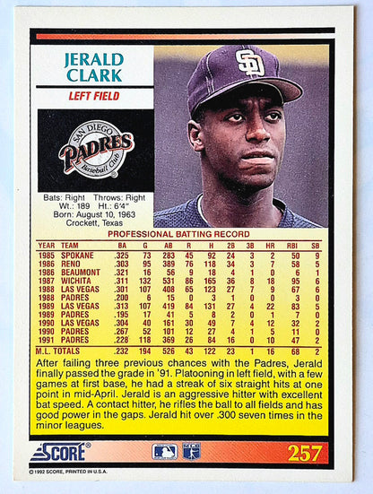 Clark Jerald San Diego Padres Left Field #257 1992 Score Baseball Card