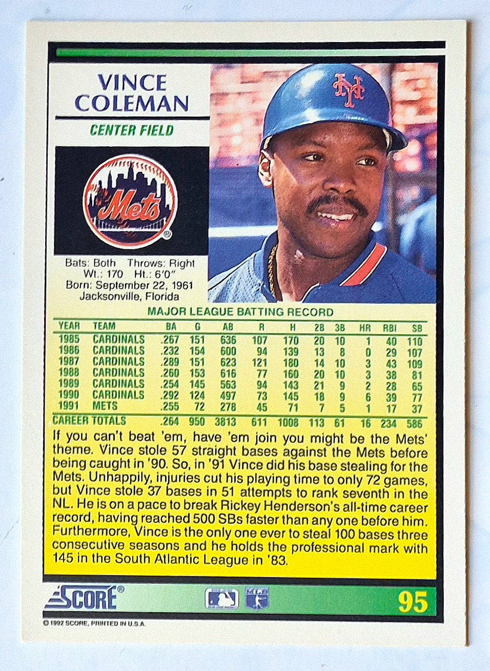 Coleman Vince New York Mets Center Field #95 1992 Score Baseball Card