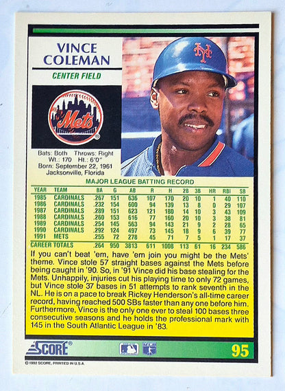 Coleman Vince New York Mets Center Field #95 1992 Score Baseball Card